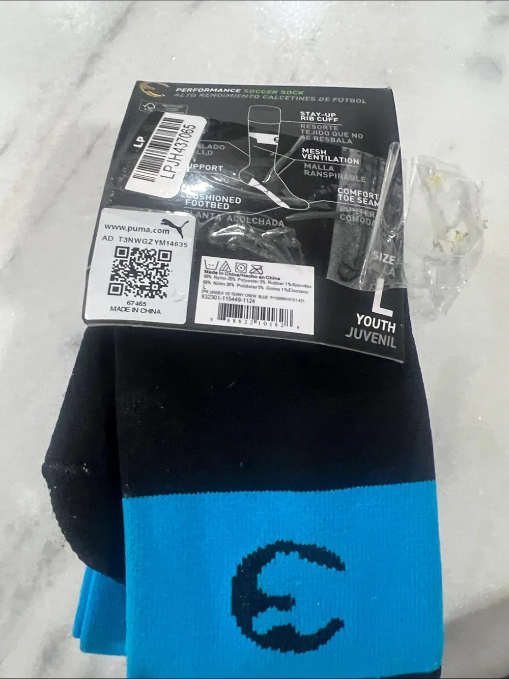 Puma Youth Soccer Socks - Black & Bright Blue shoe size 4-6